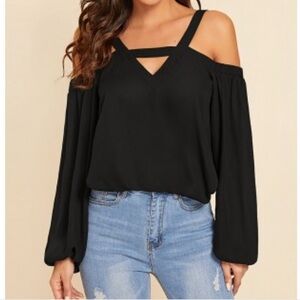 NWT Bebe Vneck exposed shoulder, black, long sleeve, dressy, top, blouse size S